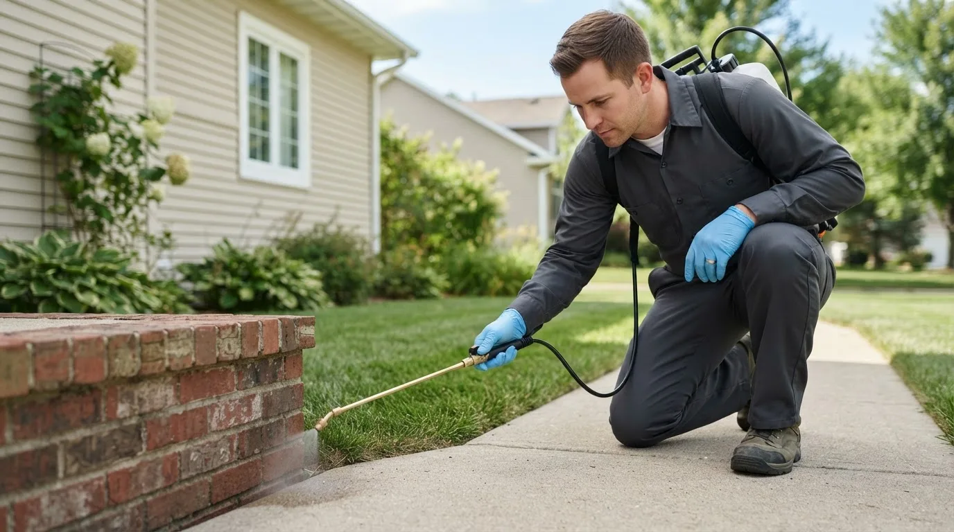 Pest control technician treating a home near Saint Jo, TX